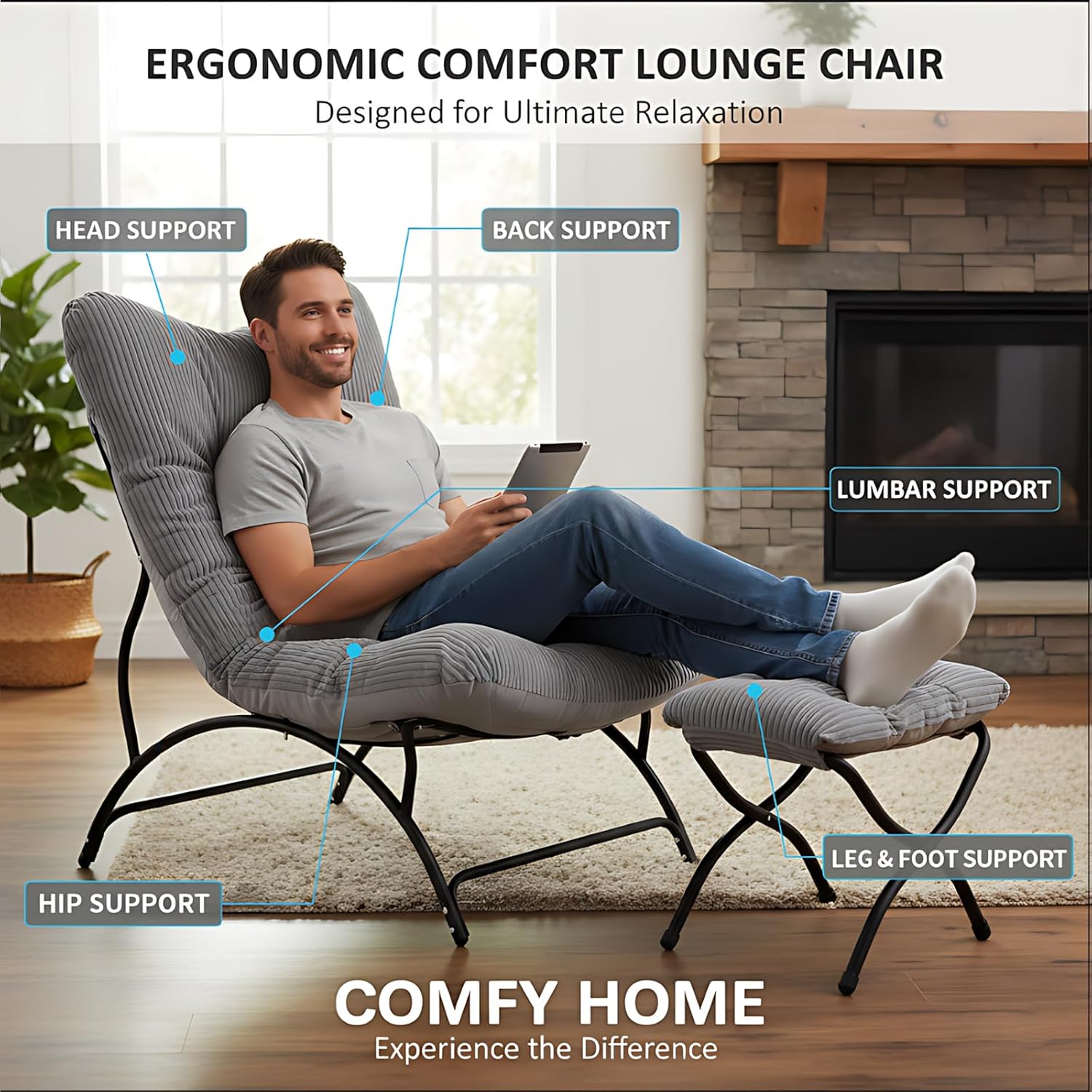 Welnow Modern Accent Chair with Ottoman, Upholstered Comfy Lounge Recliner Sofa, Thick Cushion Oversized Lazy Reading Chair with Footrest for Living Room, Bedroom, Apartment, Office, Dorm, Light Grey