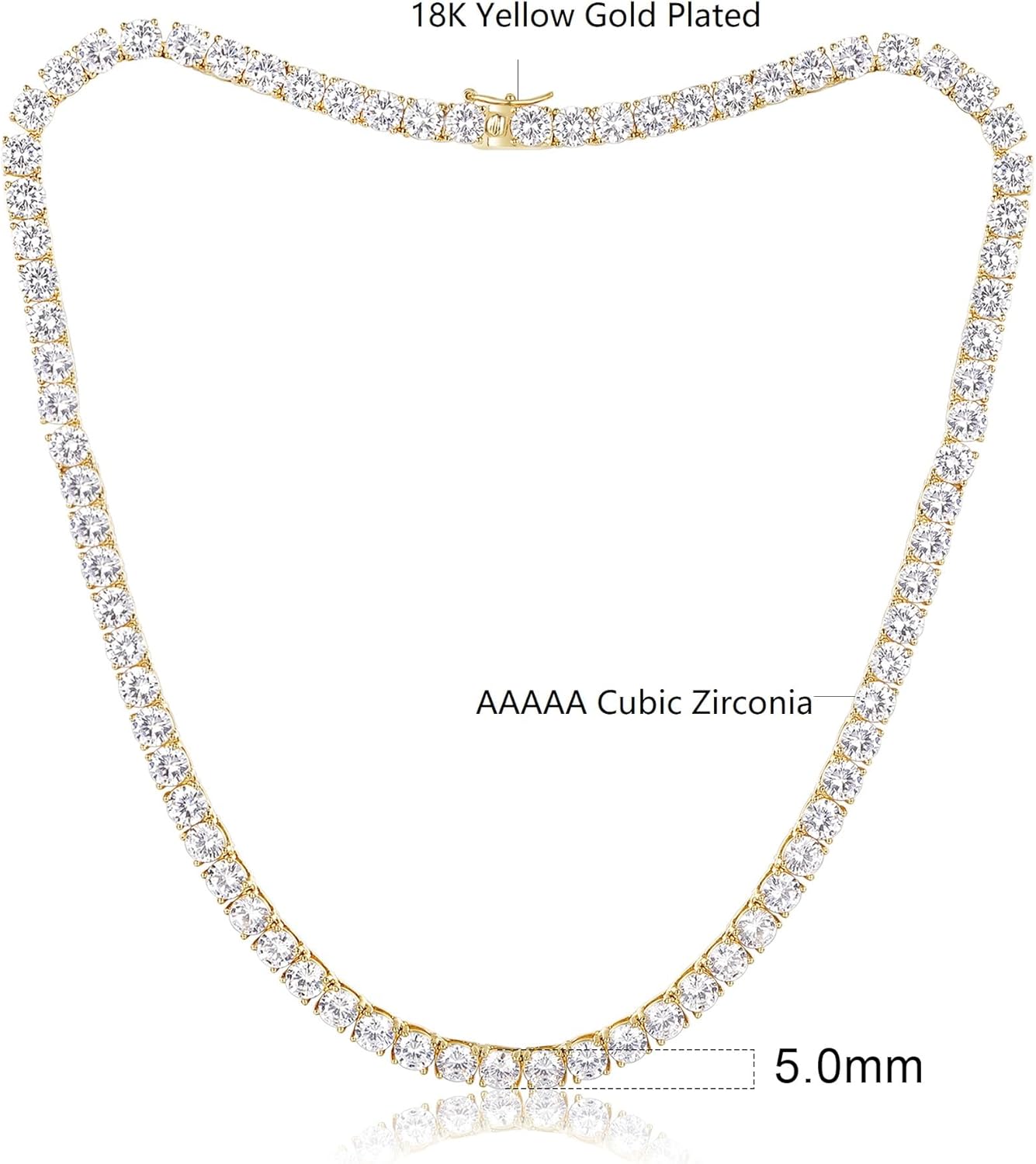 GEMSME 5mm Tennis Necklaces for Women/Men - 18K Yellow/White Gold Plated 4 Pong Setting Round Cubic Zirconia Classic Diamond Tennis Chain, Ladies Tennis Necklace Size 16-22 inch - Image 2