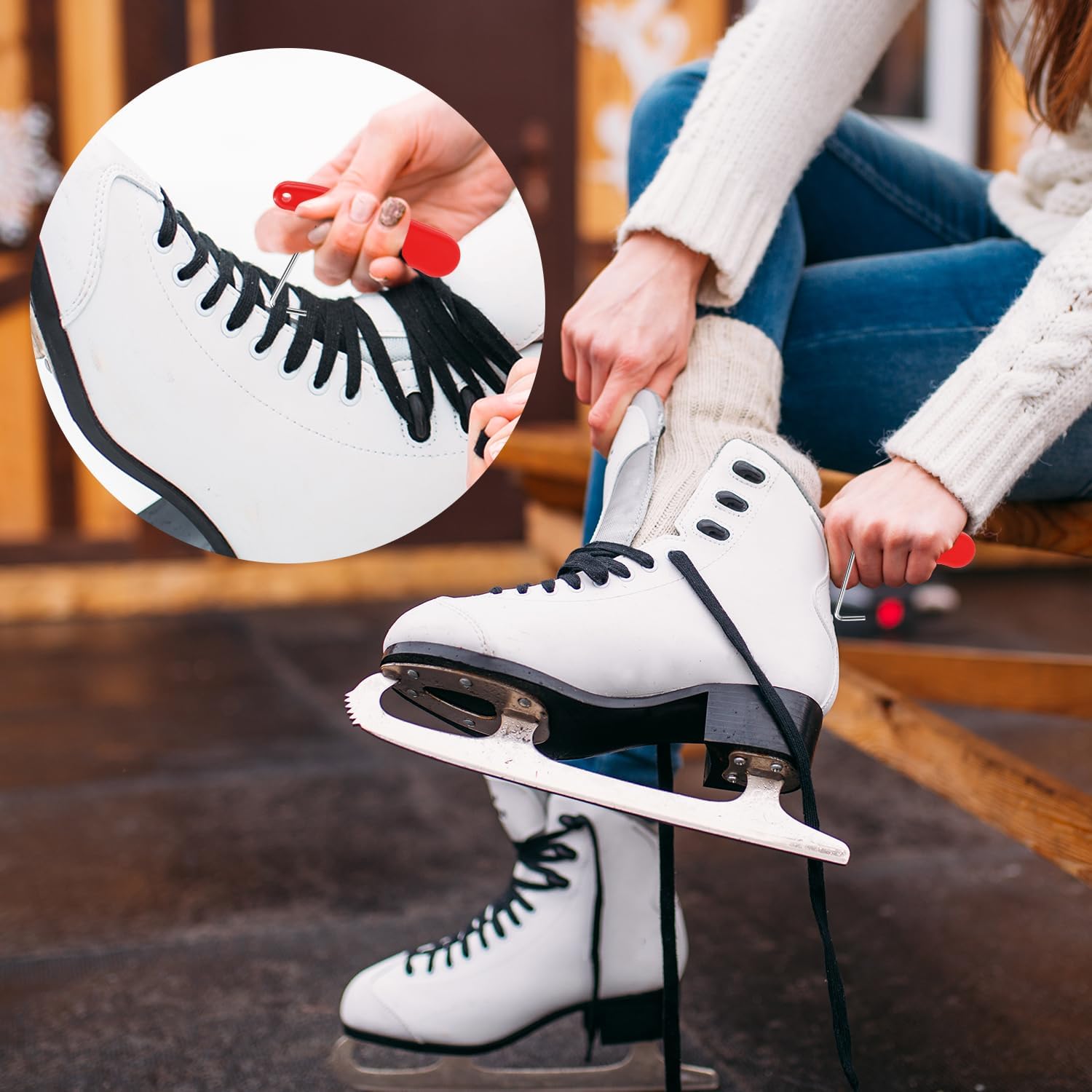 Hockey Skate Tightener, Foldable Shoe Lace Puller Anti-Slip Stainless Steel Ice Skates Lace Hook Portable Shoe Tightening Tool for Lacing Up Ice Skates Boots