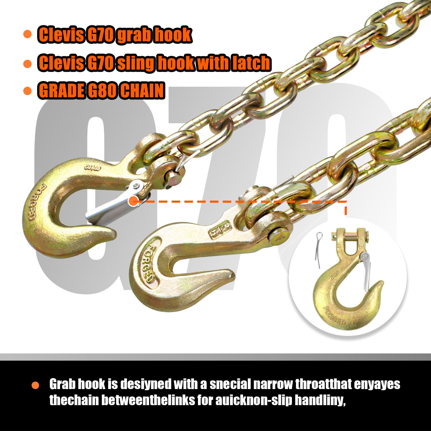 TKK G80 Transport Binder Chain, 5/16 Inch x 15 Foot Logging Chain with Grab and Sling Hooks 7,100 lbs Safe Working Load Heavy Duty Chain for Transporting Towing Tie Down Binding Equipment