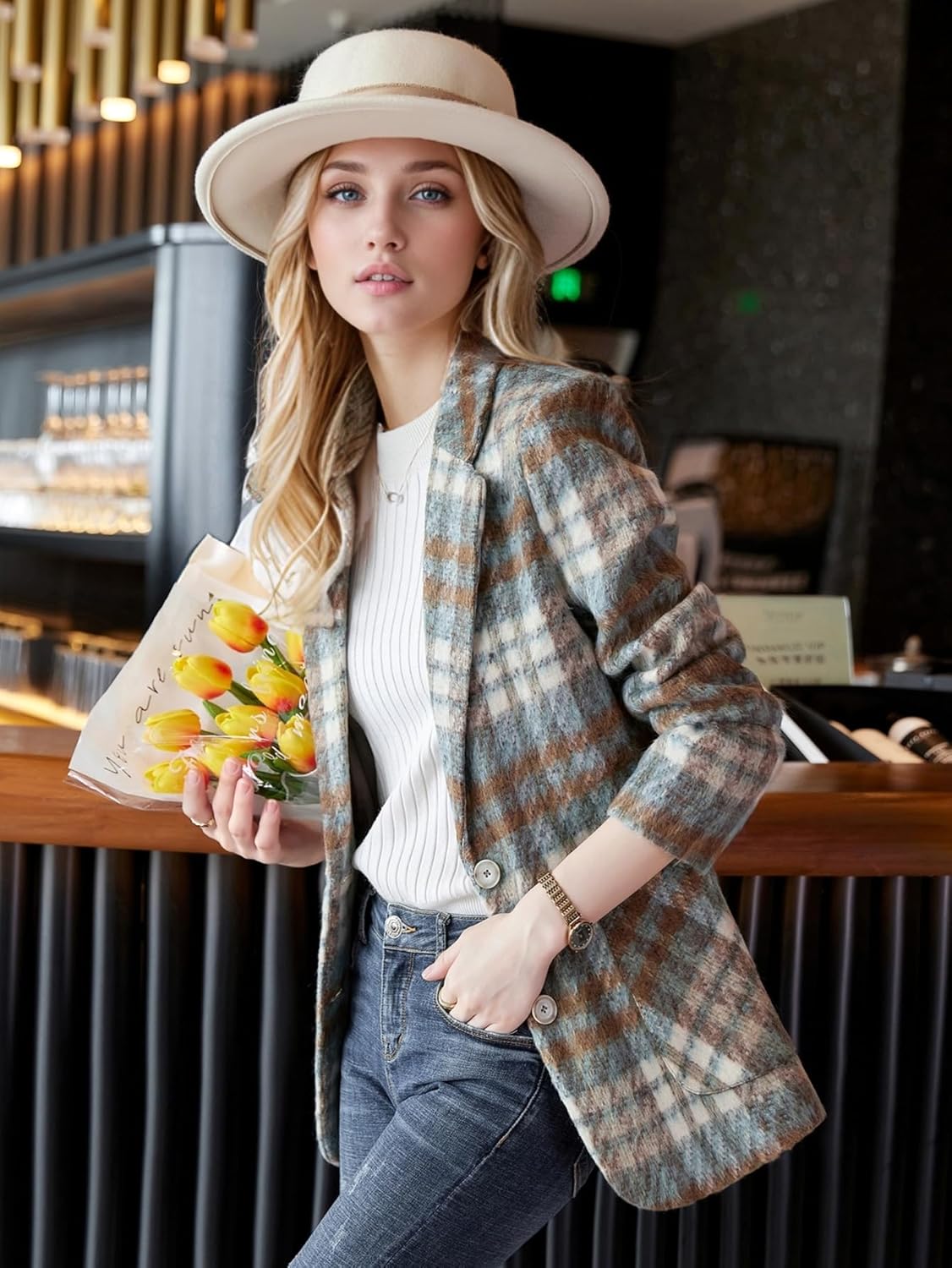 Elegant Plaid Tweed Blazer for Women, Long Sleeve Casual Jacket
