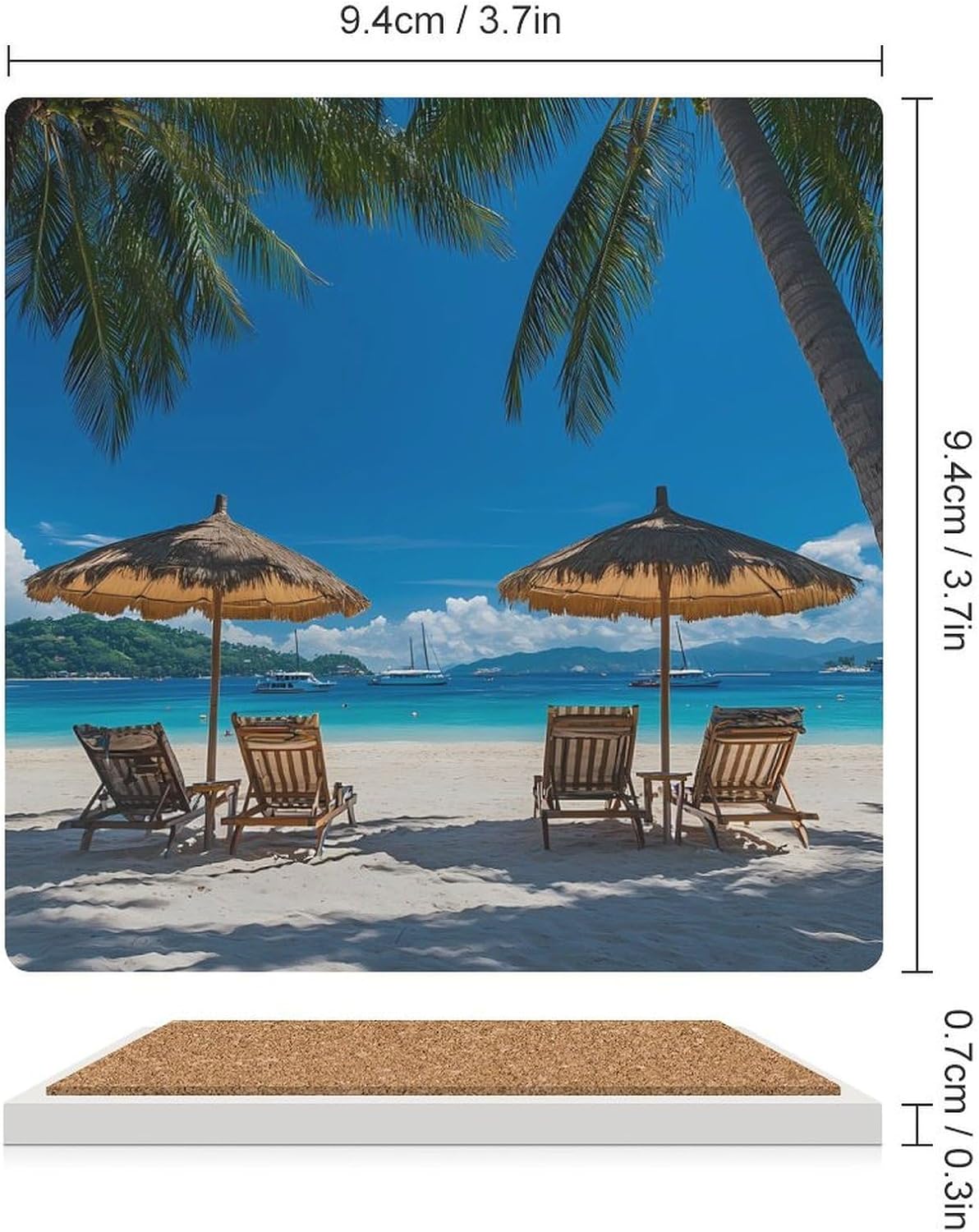 Palm Trees Oceanside in Boracay Island Coasters for Drinks Square Table Coasters Set Cup Mats with Cork Base