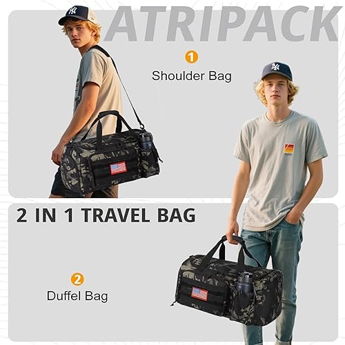 Miniatura 5 de Bolsa táctica de gimnasio para hombres, bolsas de lona de gran capacidad de 40 L con compartimento para zapatos, bolsa deportiva con compartimento