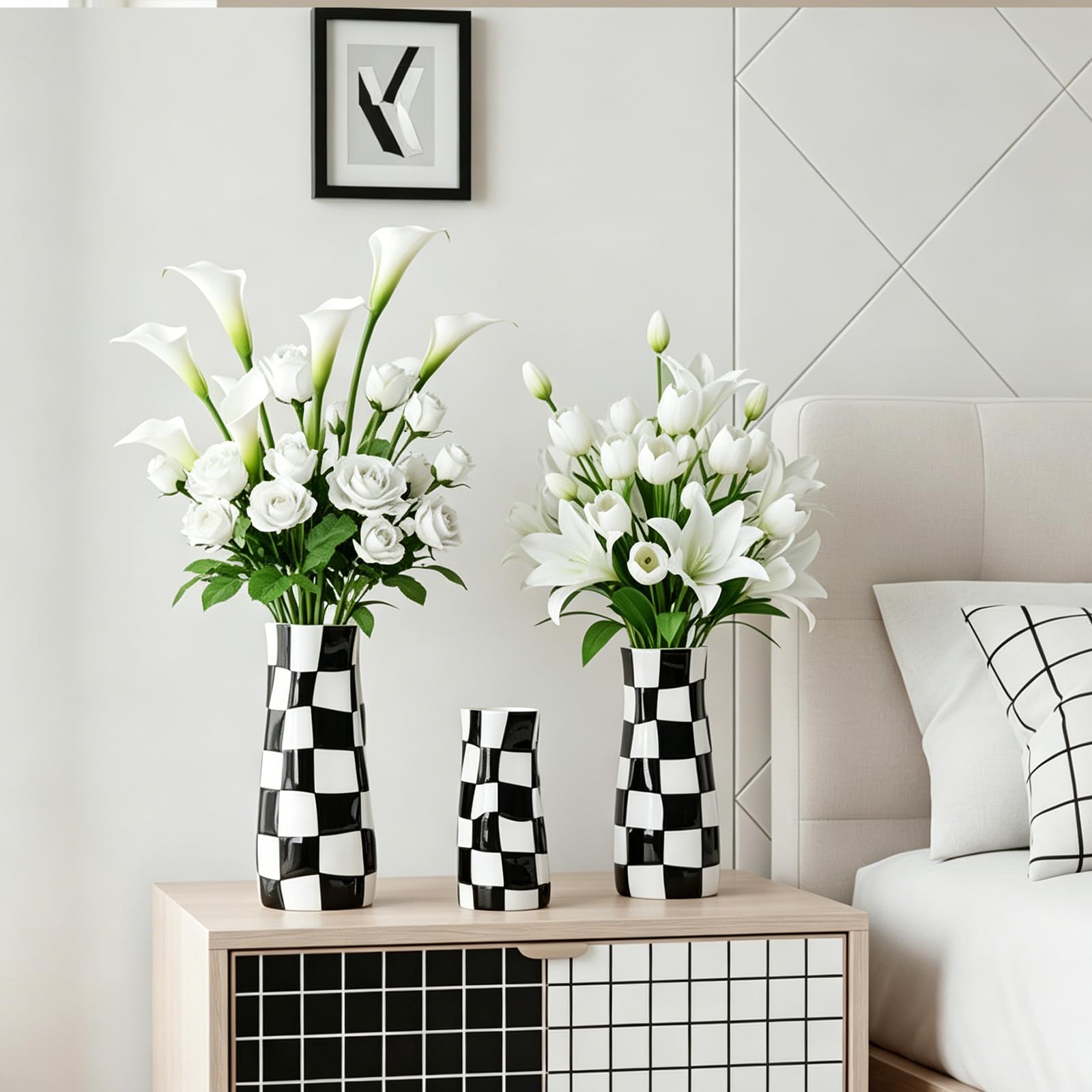 Keramik-Vasen-Set (3-teilig) in Schwarz-Weiß – Schwarze, Karierte Vase mit breiter Öffnung – Große dekorative Blumenvasen für Wohnzimmer, Tischdekoration, Esszimmer (Schwarz)