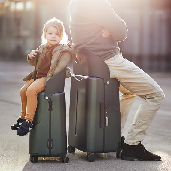 MiaMily Check-In Ride-On Luggage with Built-In Seat 77L Checked Suitcase for Kids & Adults, Hard Shell 360 Spinner Wheels, TSA Lock Travel Luggage (Forest Green)