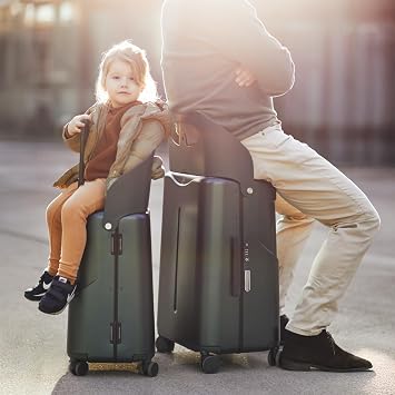 MiaMily Check-In Ride-On Luggage with Built-In Seat 77L Checked Suitcase for Kids & Adults, Hard Shell 360 Spinner Wheels, TSA Lock Travel Luggage (Forest Green)