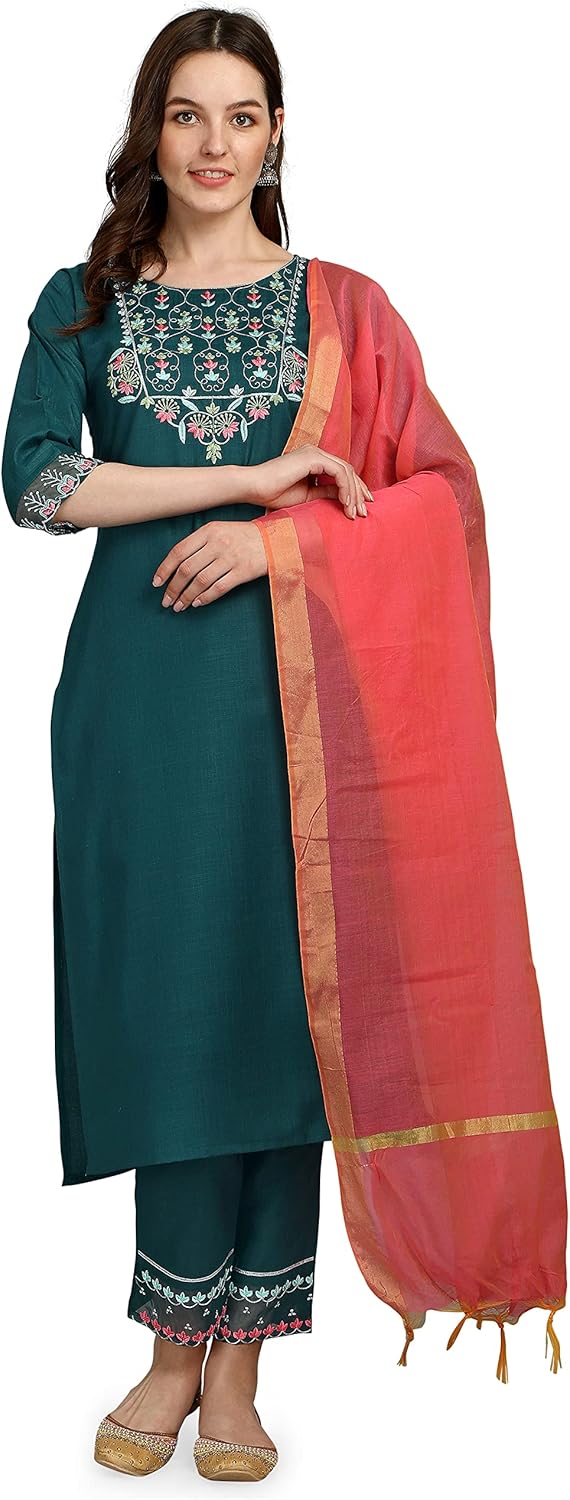 SK.Royal Cotton Blend Embroidery Straight Kurta Pant & Chanderi Dupatta Set for Women - TEAL(XL)