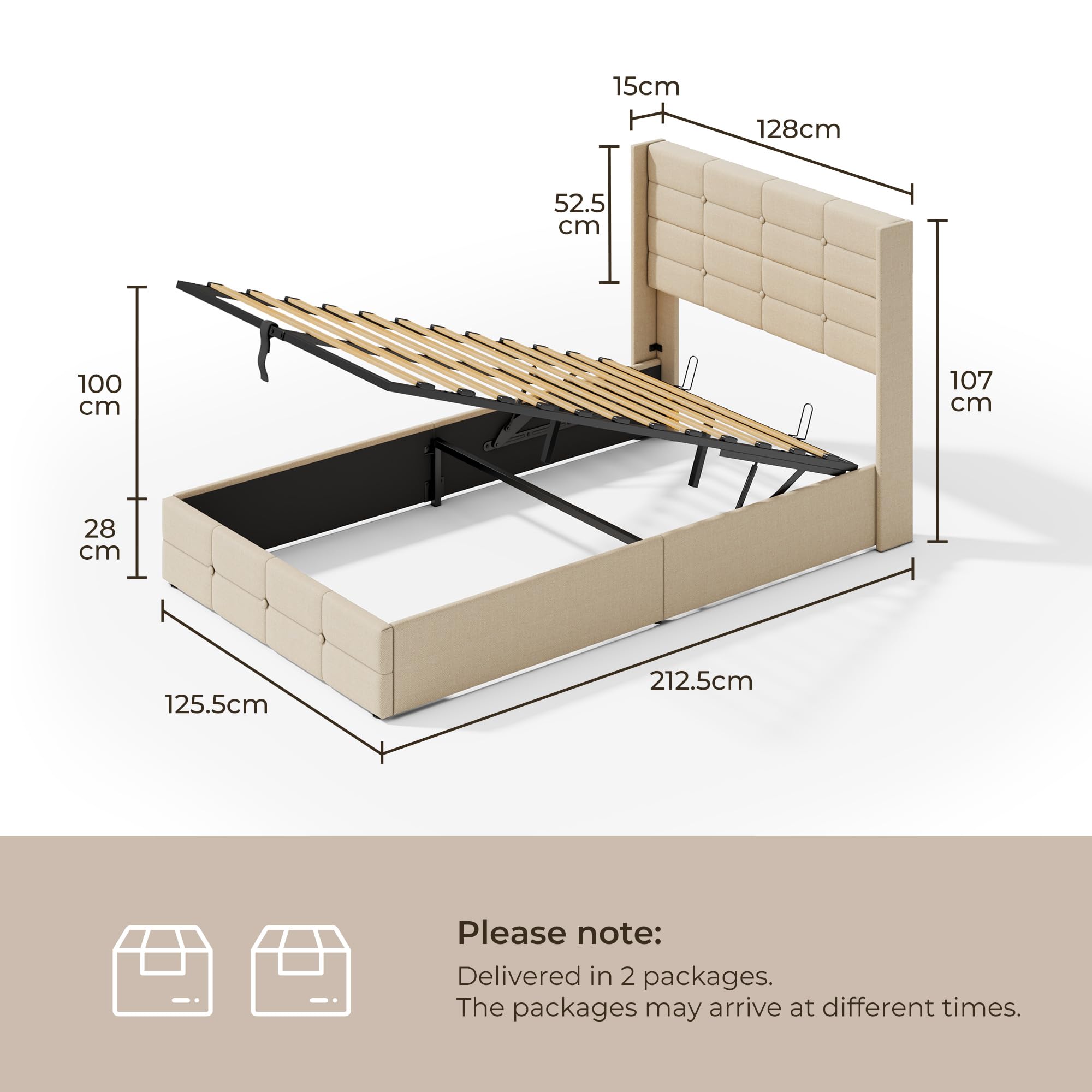 Letto contenitore idraulico 140 x 200CM, letto matrimoniale imbottito con testiera e contenitore, giroletto con rete a doghe, letto per ragazzi, senza materasso (Beige, 120X200)