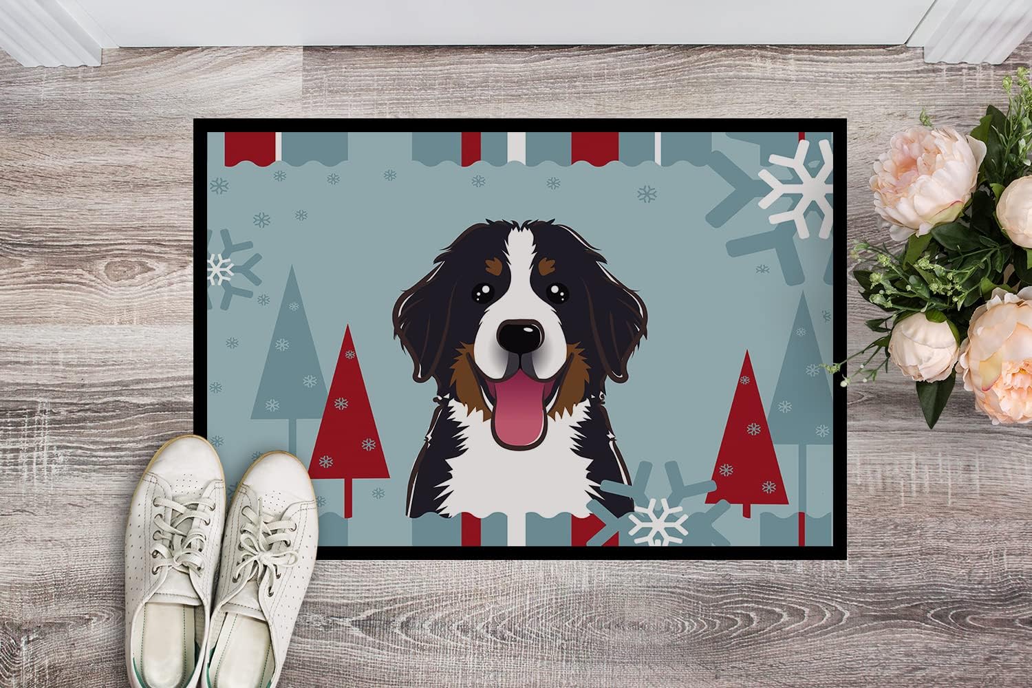 Caroline's Treasures BB1733MAT Winter Holiday Bernese Mountain Dog Doormat 18x27 Front Door Mat Indoor Outdoor Rugs for Entryway, Non Slip Washable Low Pile, 18H X 27W