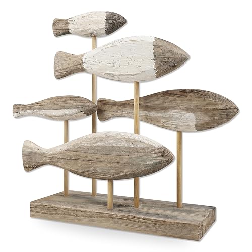 Meching Wooden Shoal of Fish Figurines Fish Sculpture Statues Table