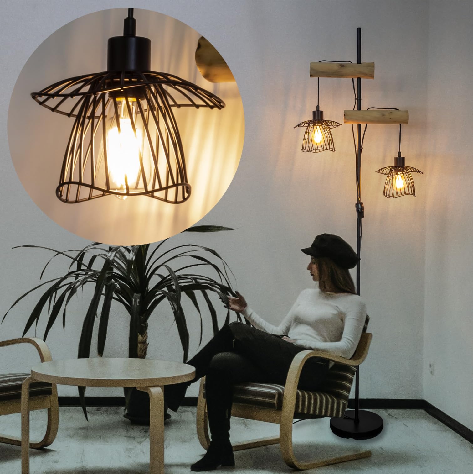 Industrielle Stehlampe, 2 Schwarz Metall-Lampenschirmen | Naturholz Vintage Standleuchte, Unabhängige Schalter, Ohne Leuchtmittel, Wohnzimmer