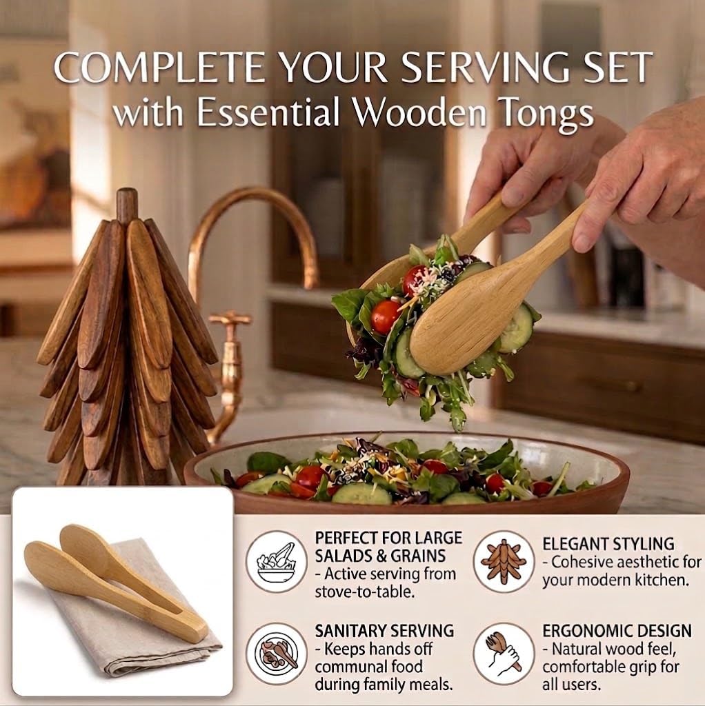 Wooden Tree Trivet Set – 5 Wooden Trivets + 1 Stand for Hot Dishes & Pots – Beige Silicone Mini Mitts, 2 Wooden Tongs & Spoon Rest – Kitchen Hot Pads for Countertops, Cooking & Baking