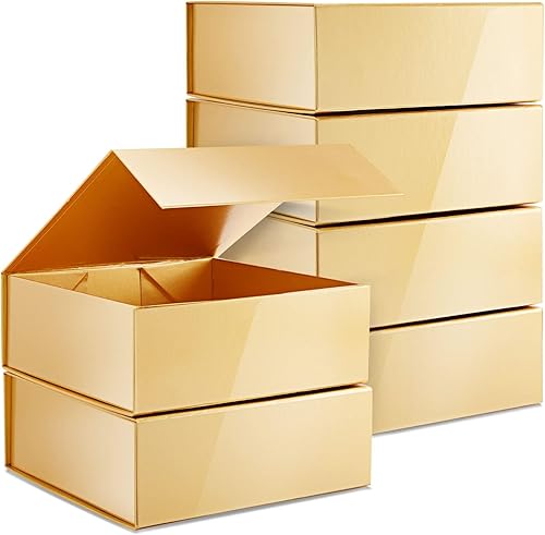 Stockroom Plus Caja de regalo con tapa, paquete de 6, 9.5 x 9.5 x 3.5 pulgadas, cuadrada dorada brillante, caja de propuestas para dama de honor y