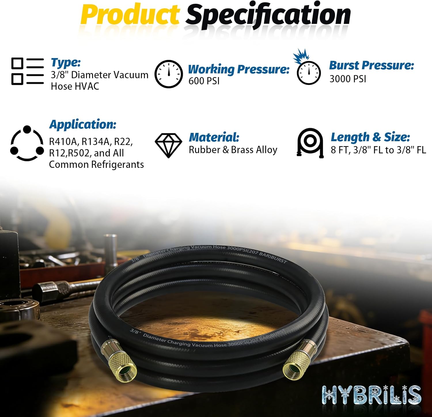 Upgrade 8FT 15696 3/8" HAVC Heavy Duty Charging Vacuum Hose, 3/8" x 3/8" Fittings, 600 PSI Working Pressure 3000 PSI Burst, Flexible Rubber AC Charging Hose for R134A R410A R407C R22 Refrigerant