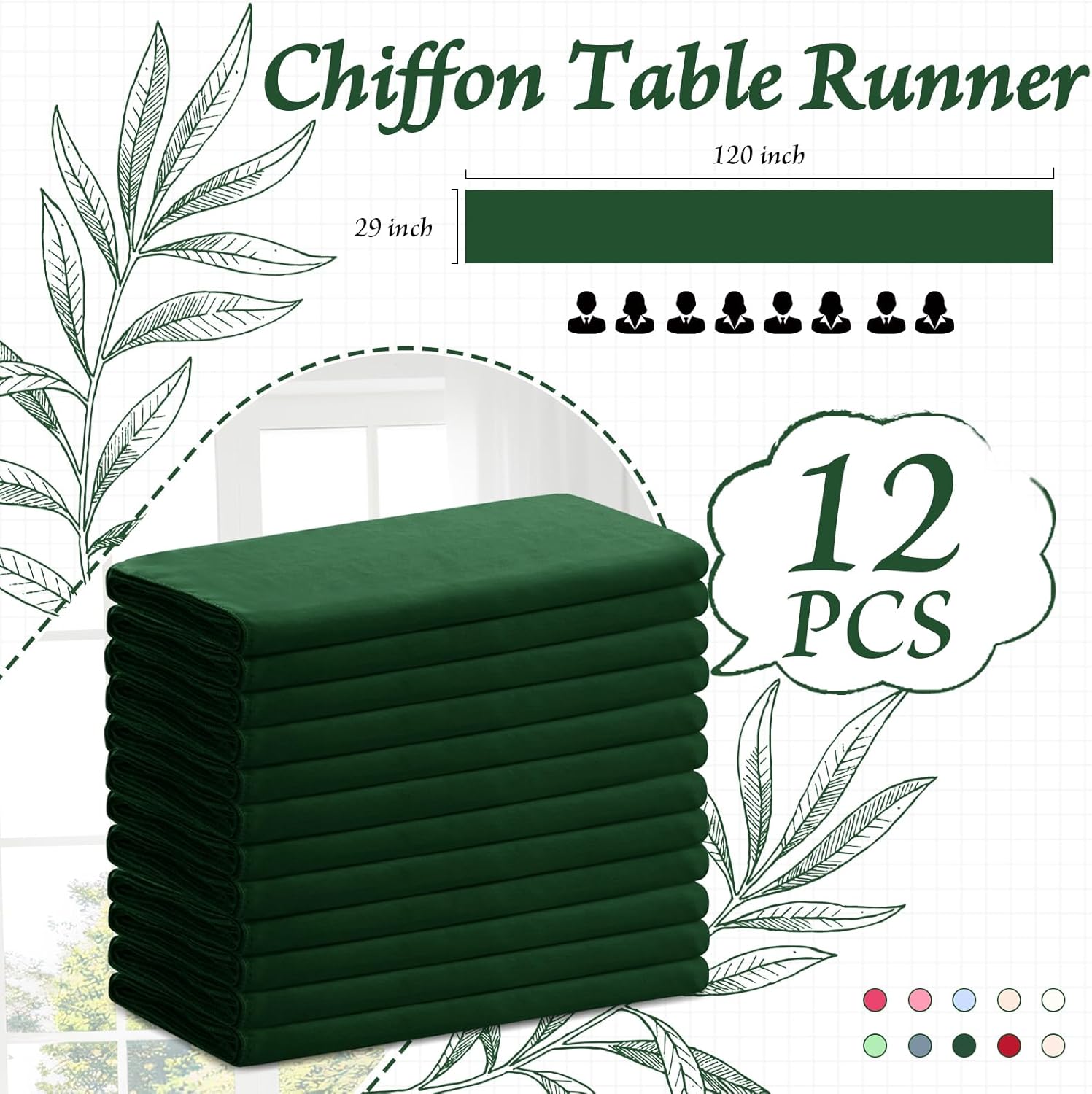 Horbaunal 12 Pack Dark Green Chiffon Table Runners 10FT Sheer Chiffon Runner 29x120 Inches Romantic Boho Rustic Table Runner for Wedding Party Bridal Baby Shower Table Decorations