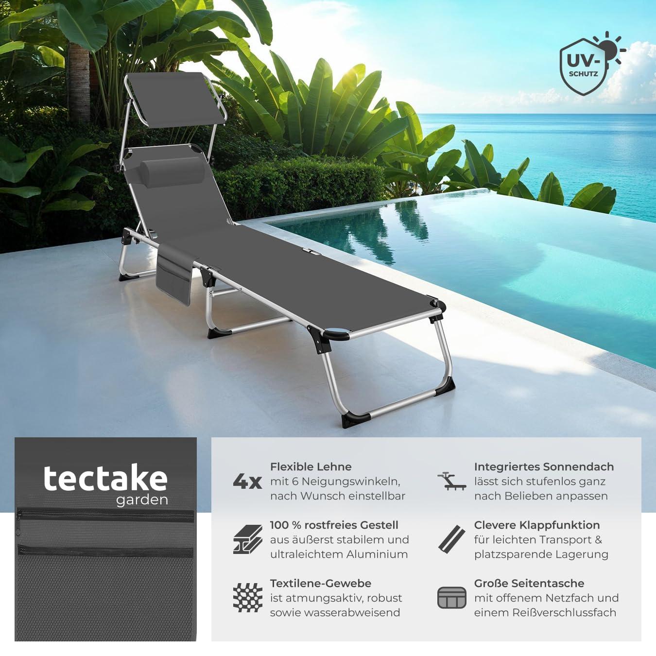 tectake® Sonnenliege mit Dach, Balkonliege aus Aluminium, klappbare Gartenliege, wetterfest, Liegestuhl für Garten, Camping und Strand, verstellbarer Rückenlehne, ink. Kopfkissen & Seitentasche - grau
