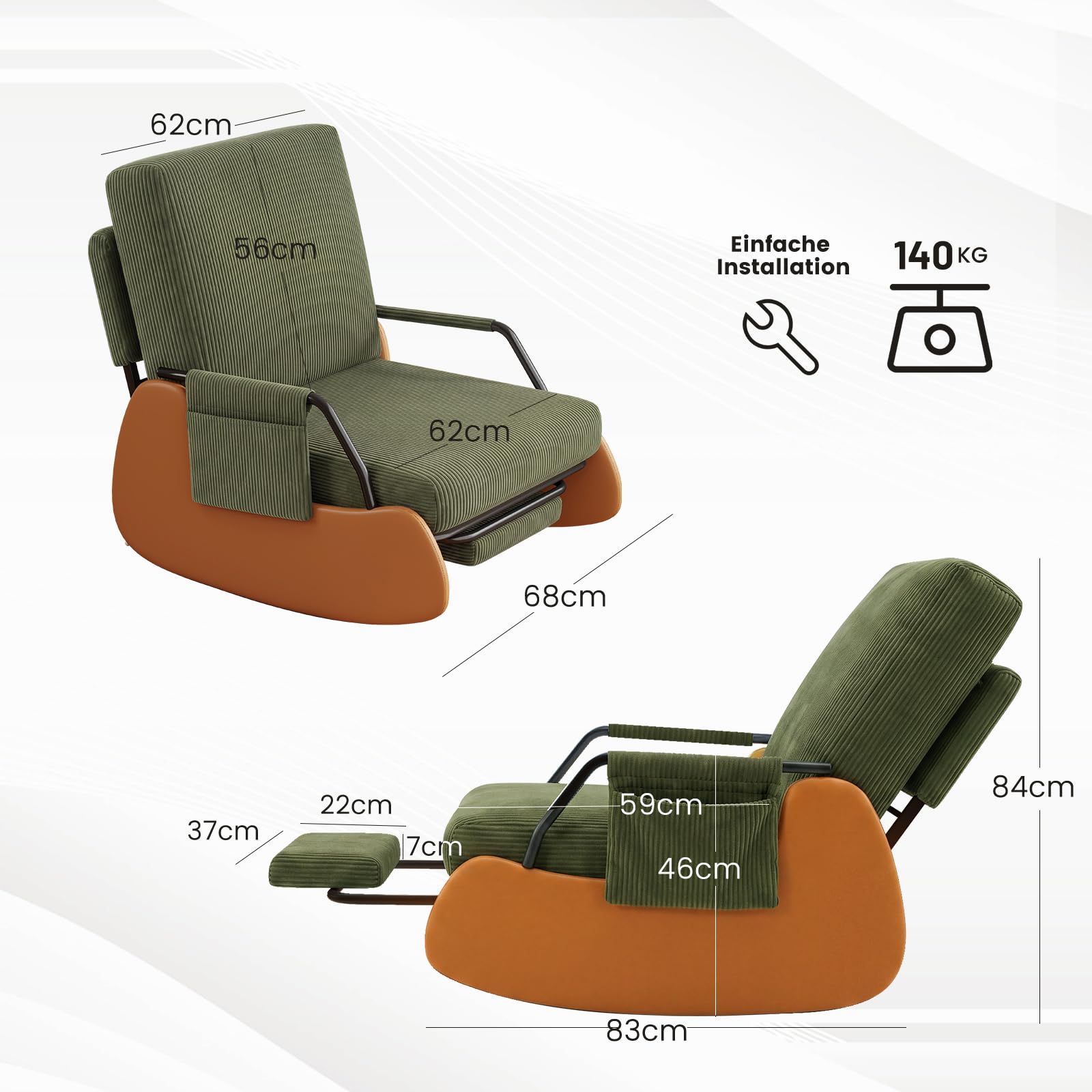 Schaukelstuhl mit Fußstütze, Schaukelsessel mit Verstellbare Rückenlehne, Gepolsterter Breiter Relaxsessel Relaxstuhl Sessel mit Seitentaschen für Wohnzimmer Schlafzimmer, Grün