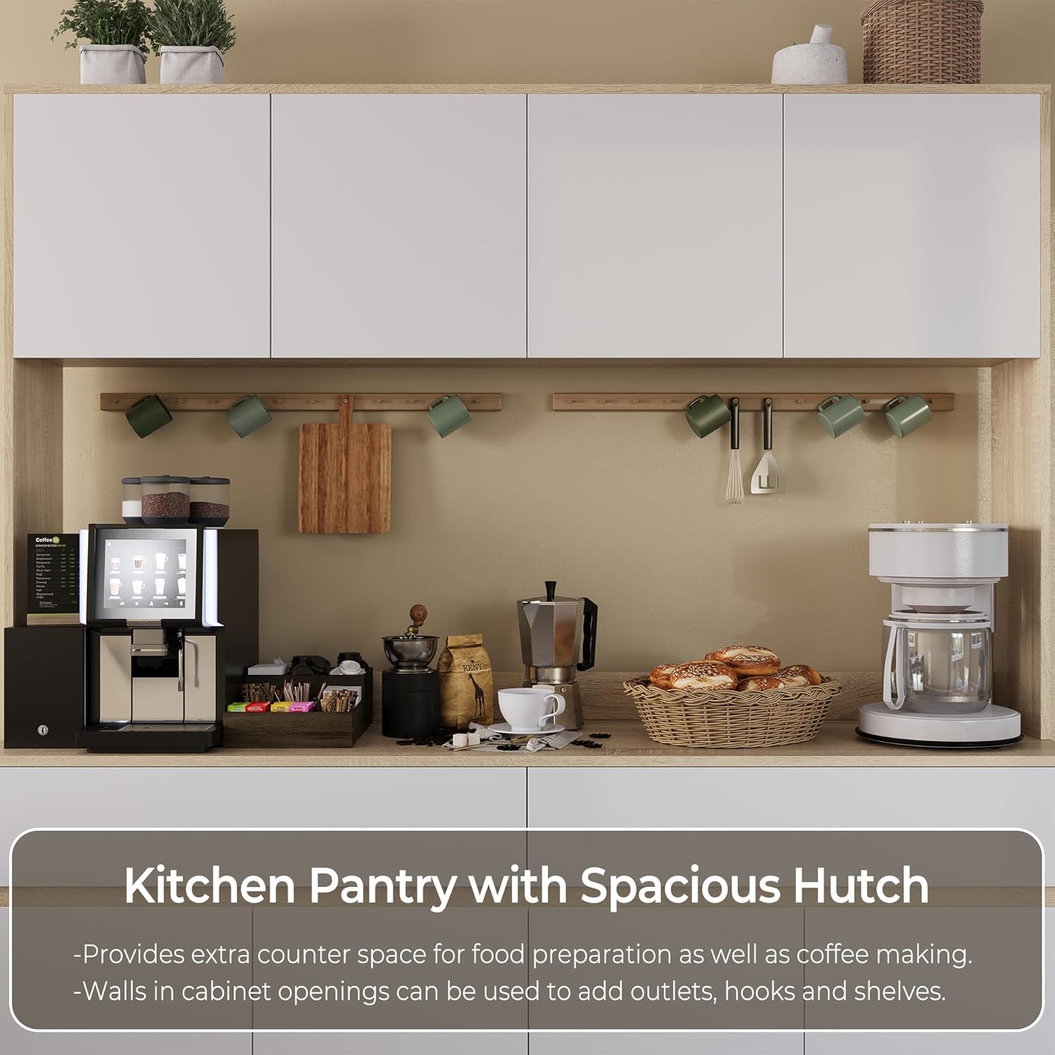 Kitchen Hutch Storage Cabinet, 63" W Large Pantry Cabinets with Microwave Oven Countertop, Freestanding Kitchen Pantry Storage Cabinet with 4 Doors, 2 Drawers and 7 Shelves, White + Walnut