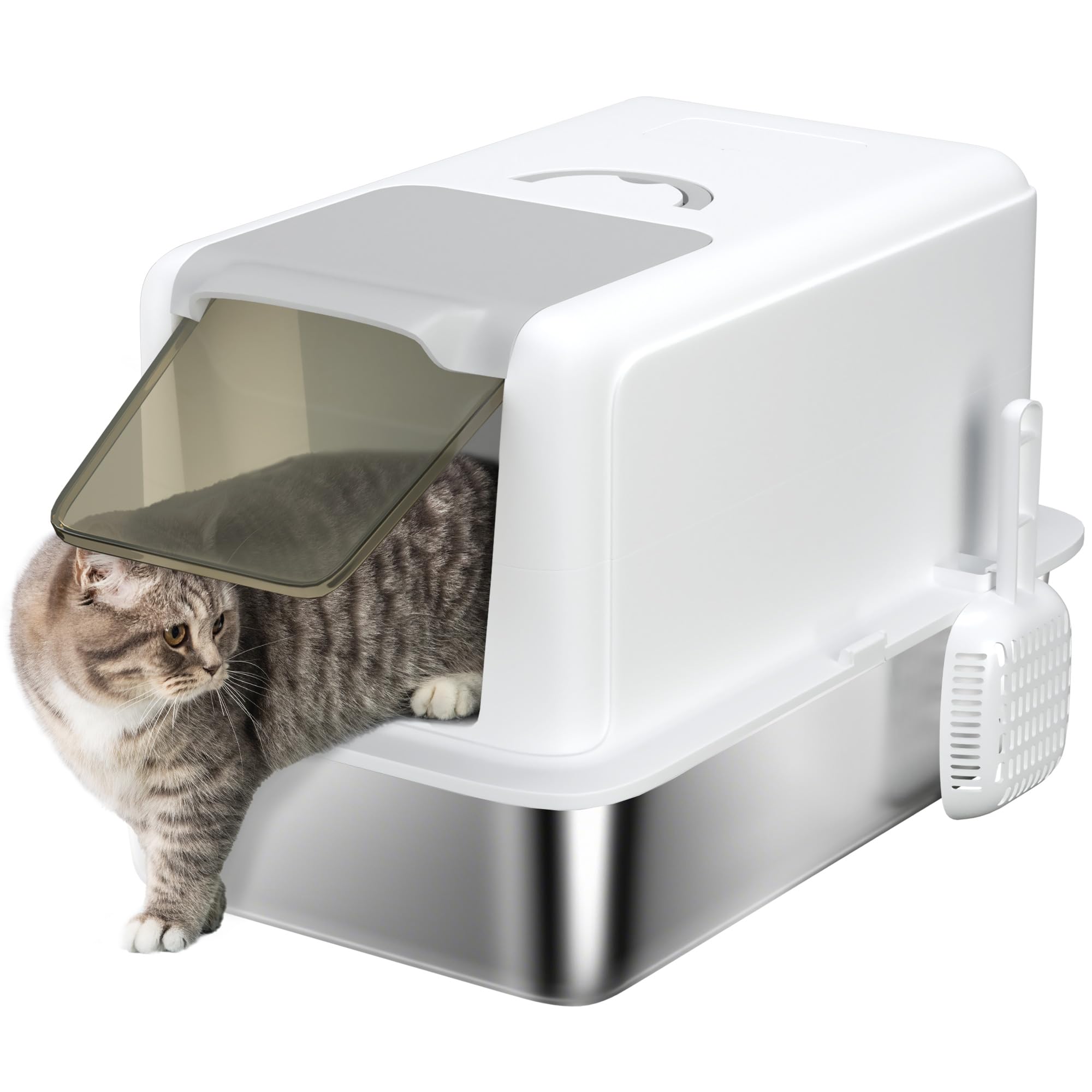 Pawhut White Stainless Steel Cat Litter Box With Removable Lid, Scoop In