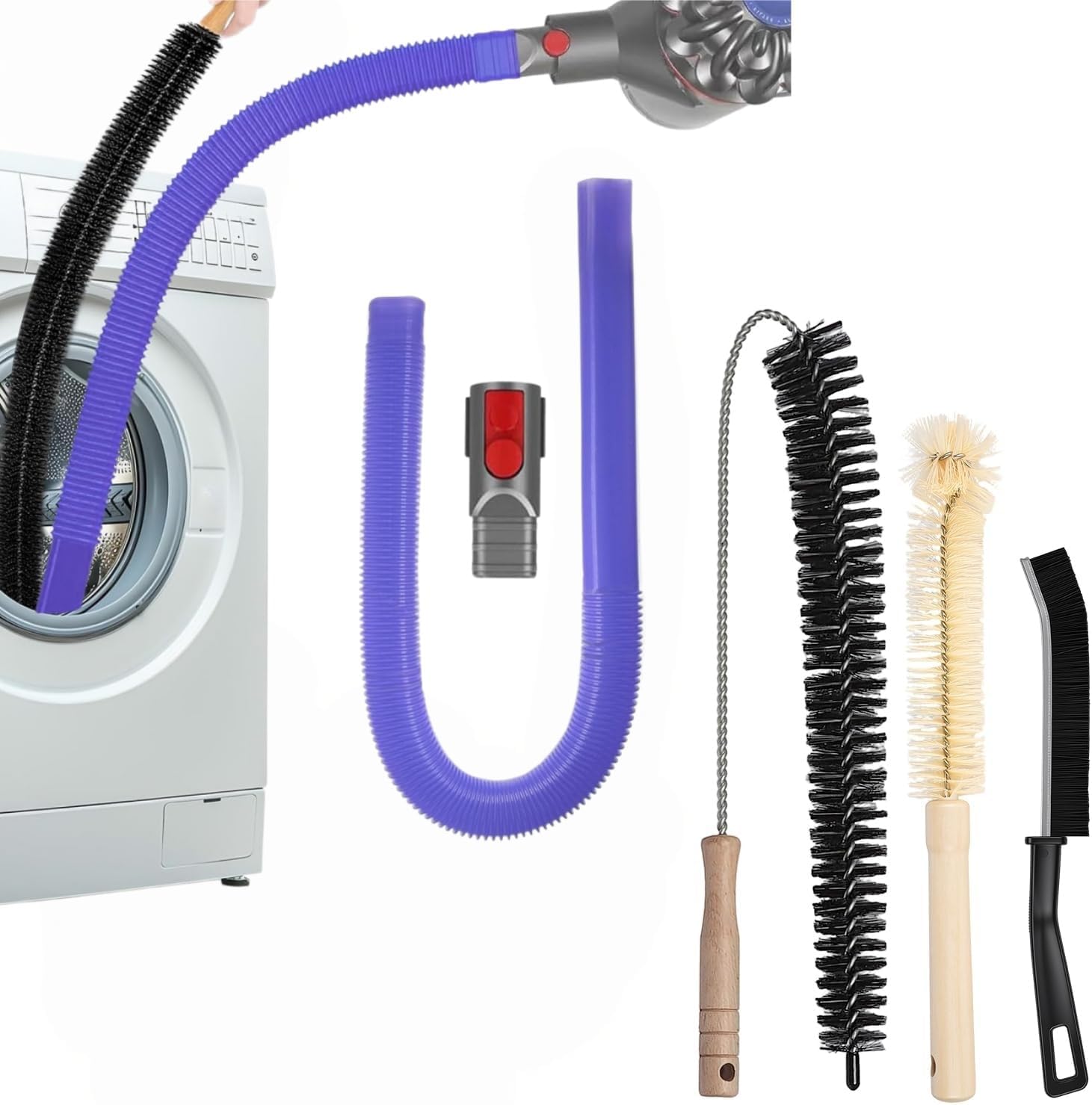 4-Piece Dryer Vent Cleaner Kit Compatible with Dyson V7 V8 V10 V11 V12 V15 Gen5, Flexible Crevice Vacuum Attachment with Lint Brushes for Dryer Trap, Drum and Tight Spaces