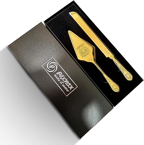 Juego de 2 cuchillos dorados para pastel de boda y servidor con caja de regalo de lujo, juego de cuchillos de cumpleaños y juego de corte de tartas