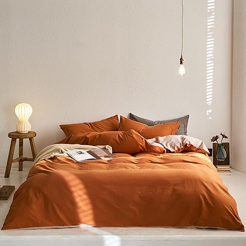 Couturebridal Juego de funda de edredón color naranja quemado, tamaño Queen, reversible, color beige crema, con lazos de cremallera, 3 piezas,