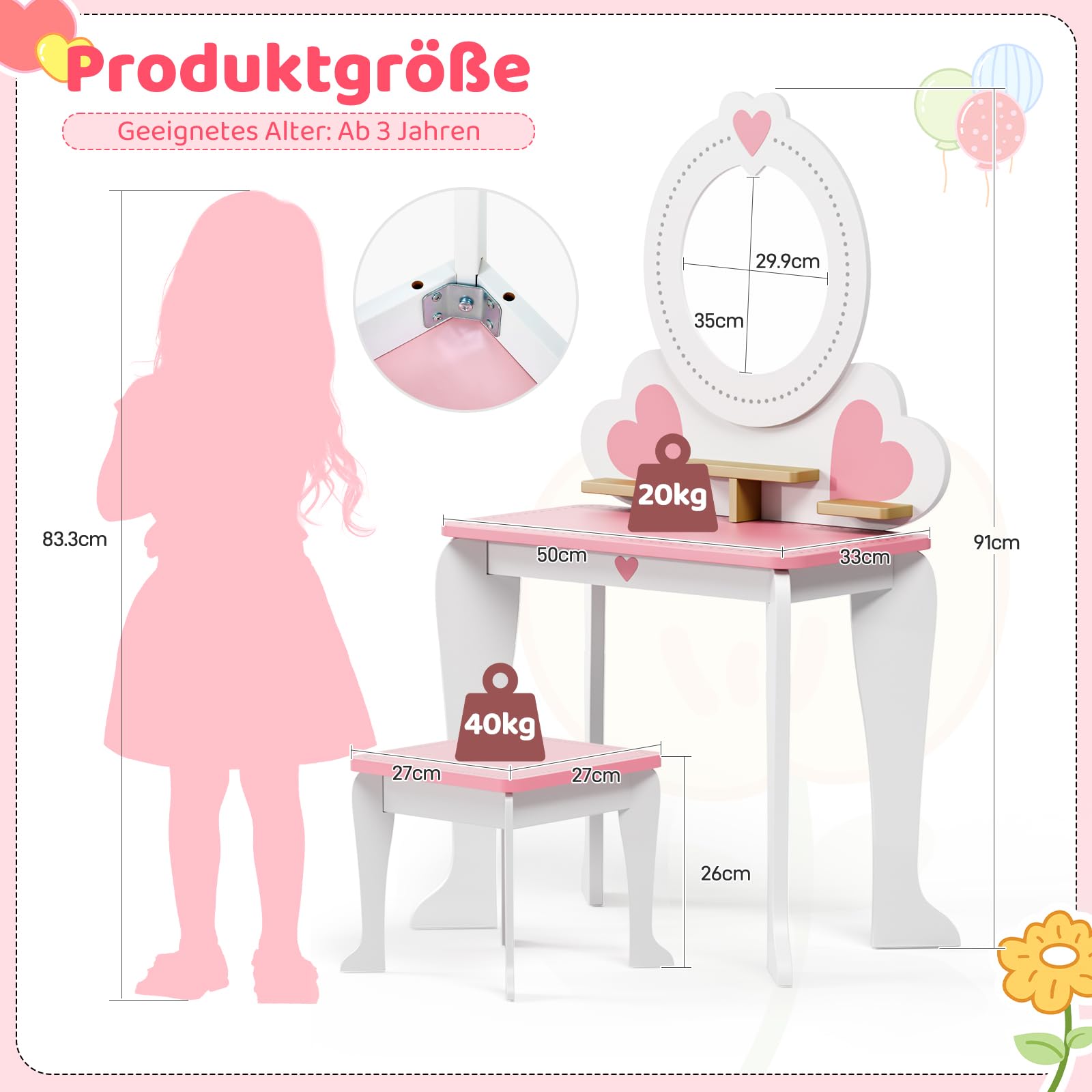 MAMIZO Schminktisch Kinder mit Abnehmbarem Spiegel, Kinderschminktisch Holz mit Hocker, 2 in 1 Prinzessin Frisiertisch, Kinderschreibtisch, Schminktisch Mädchen ab 3 Jahre, 50x33x91cm, Weiß