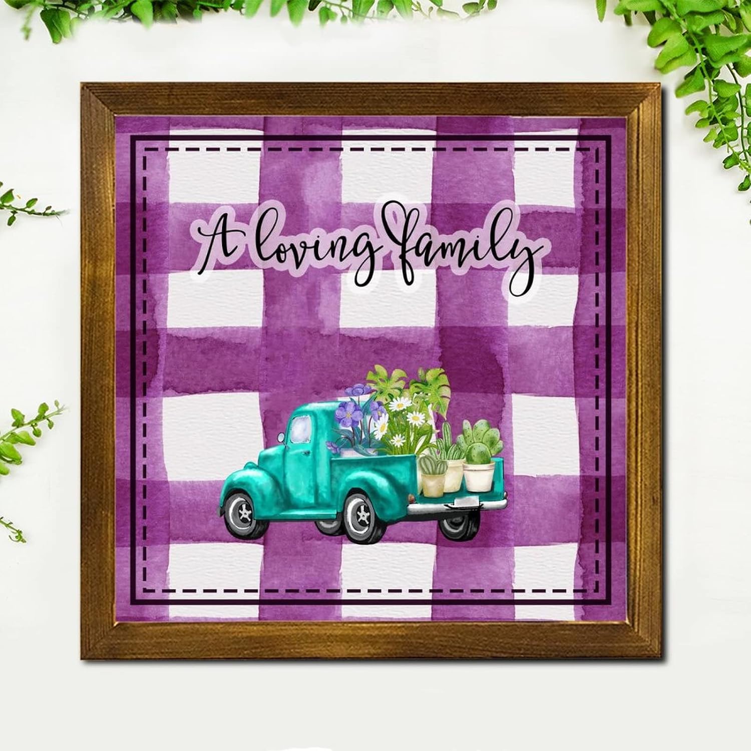A Loving Family Framed Wood Sign Purple Buffalo Plaid Green Flower Truck Wood Plank Hanging Sign Classic Botanical Artwork Wood Wall Hanging Decoration for Living Room Bedroom Dining Room 12x12 inch