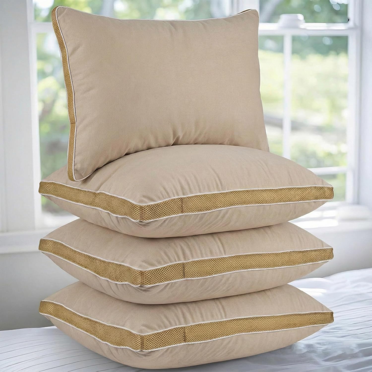 AYKA Premium Microfiber Pillow for Sleeping | Super Soft & Fluffy Bed Pillow | 100% Virgin Microfiber Filling | Breathable | Ideal for All Sleeping Positions | 17x27 Inch | Beige | Pack of 4