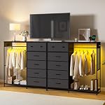 Commode 6 Tiroirs pour Chambre avec Rack Suspendu, Lumières LED et Station de Charge, Coffre de Rangement en Bois avec Station de Charge et Lumières LED, Panneau en Grille, Placard
