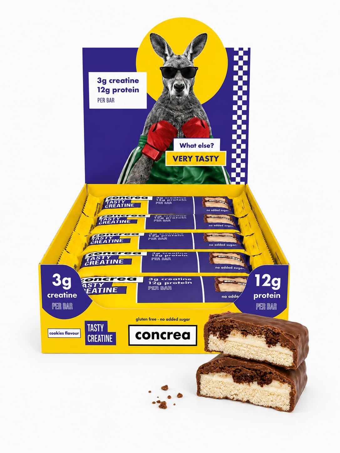 concrea® Kreatinriegel mit Protein – 3g Creatin Monohydrat + 12g Eiweiß | Cookies Geschmack | 10 x 50g | ohne Zuckerzusatz | glutenfrei