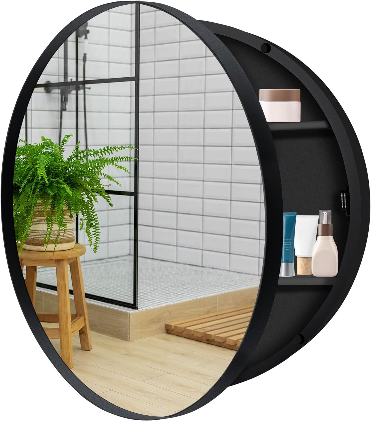 26 x 26 Inch Round Medicine Cabinet with Mirror, Surface Mount Only, Black Metal Frame Bathroom Mirror Cabinet, Modern Shatterproof Vanity Mirror with Storage