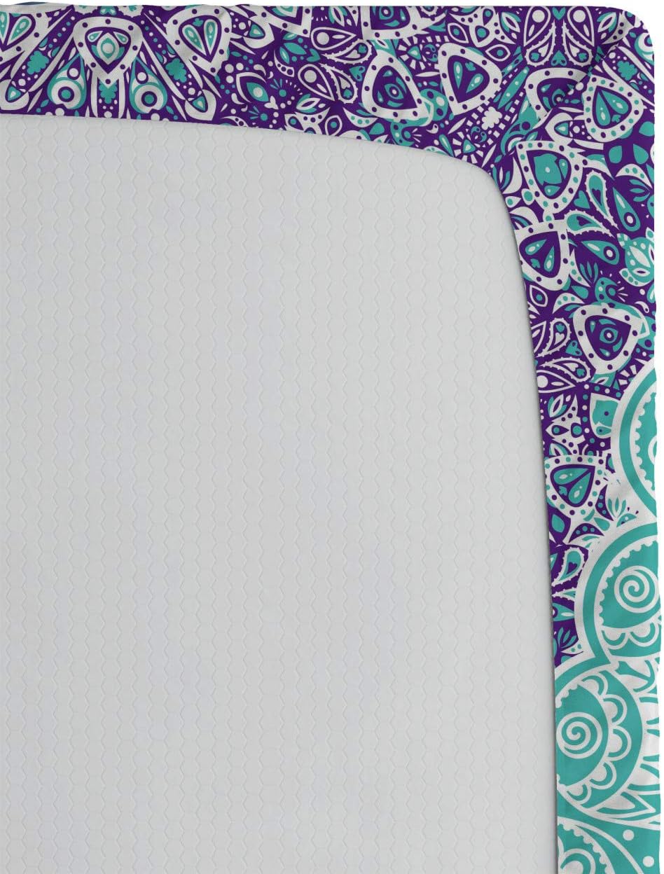 Ambesonne Mandala 2 Pack Fitted Sheet, Ornate Hippie, Bed Cover All-Round Elastic Deep Pockets 2 Pieces, Package Contains 2 Queen Size Fitted Sheets, Purple Aqua