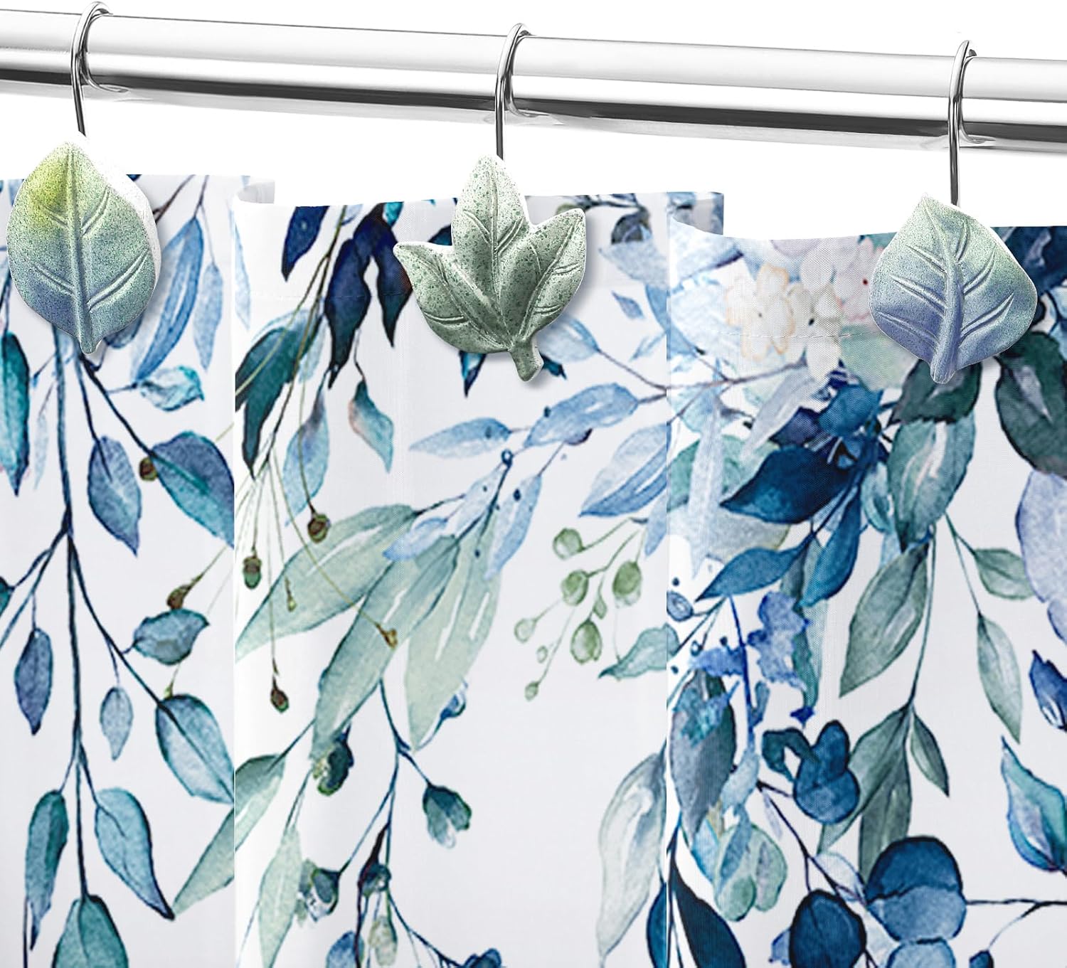 Gibelle 12PCS Leaves Shower Curtain Hooks, Blue Plant Leaf Decorative Shower Curtain Hooks Metal Rustproof Cute Eucalyptus Shower Curtain Rings Bathroom Decoration Accessories