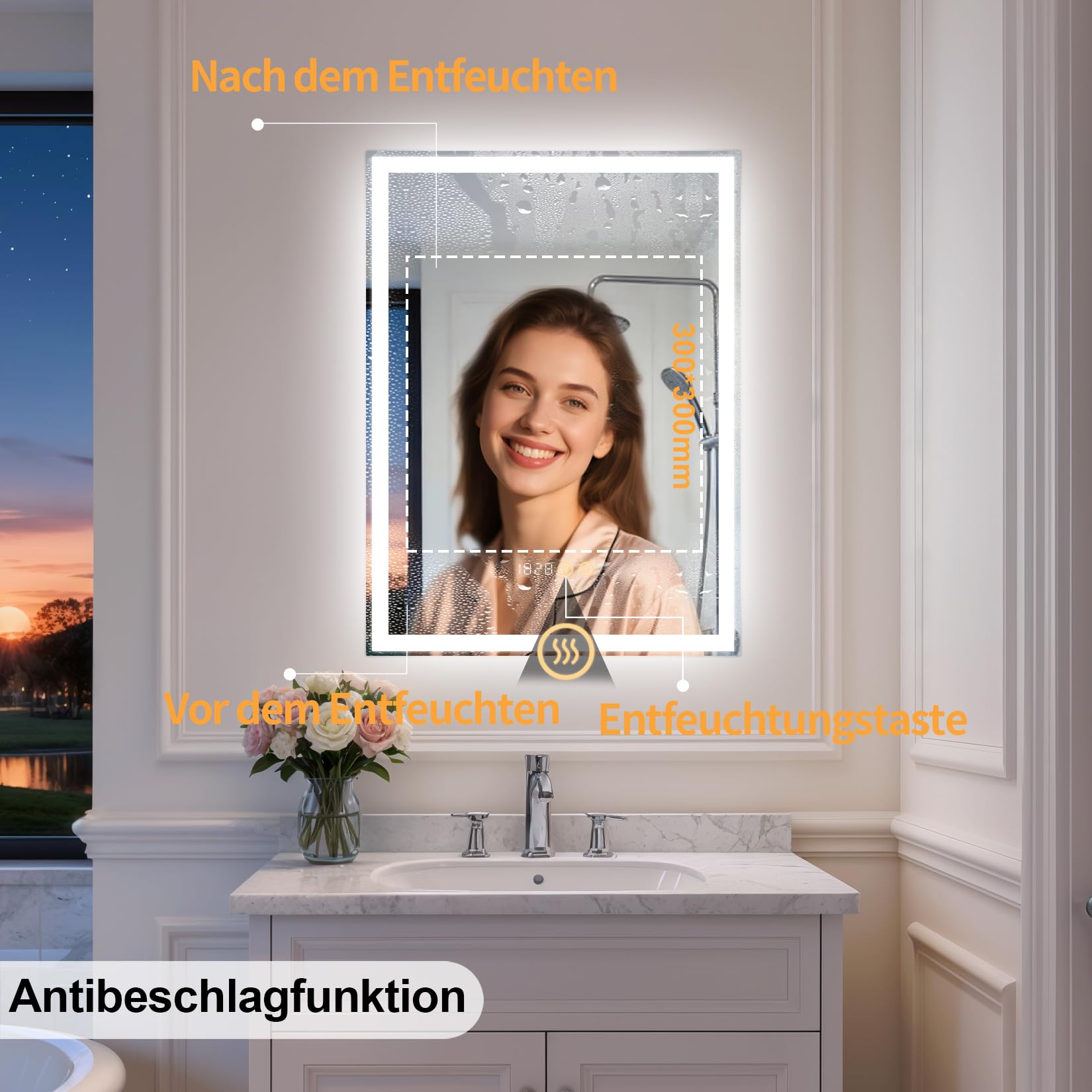 Beleuchteter Spiegel 45 x 60 cm, beleuchteter Badspiegel, LED-Spiegel mit Uhr, 3 einstellbare Lichtfarben, Anti-Beschlag-Funktion, dimmbare Helligkeit, Speicherfunktion [Wandmontage/2 Jahre Garantie]