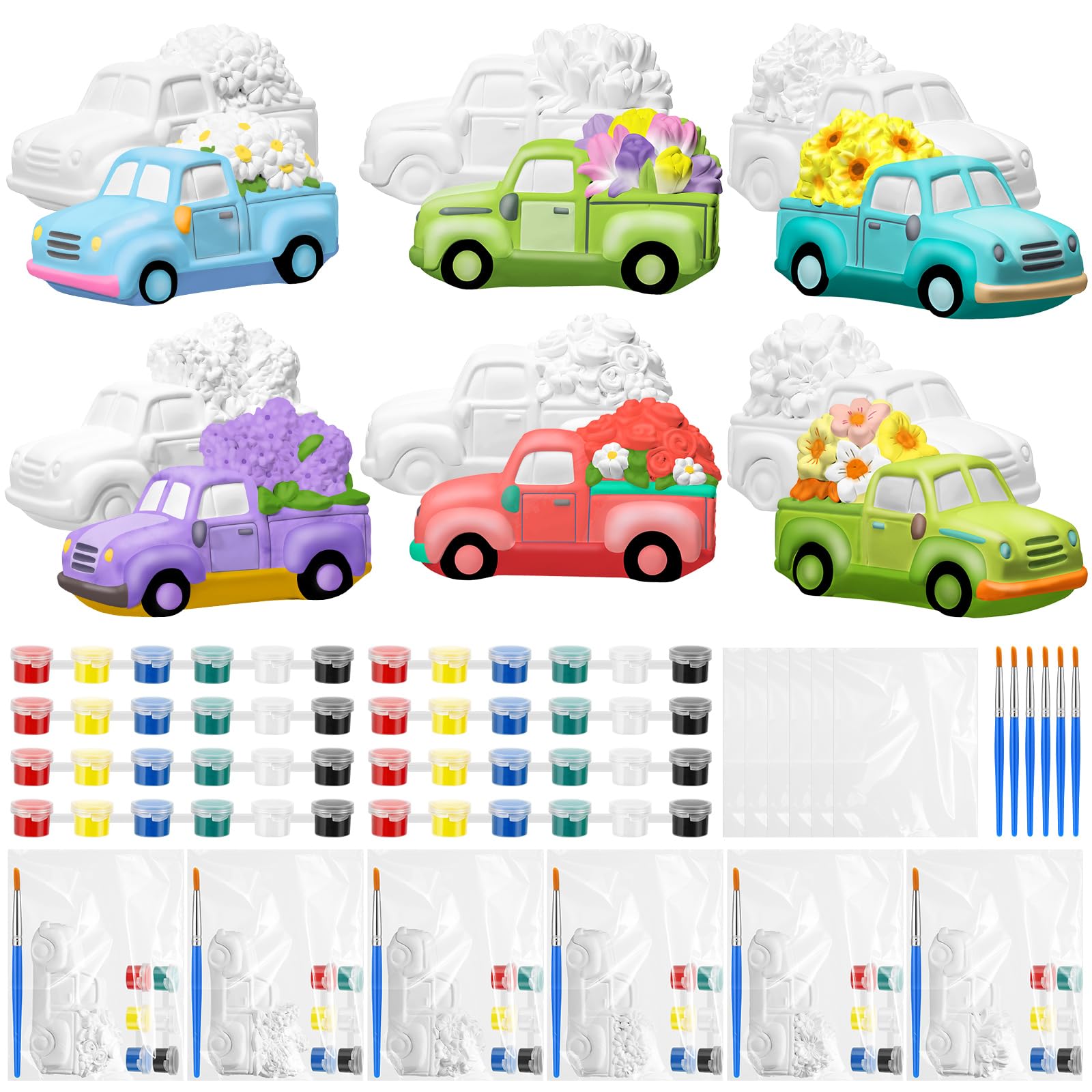 JellyArch 6 Set Frühling DIY Malerei Kit Keramik 3D Keramik LKW mit Blumen zum Bemalen Ihres eigenen LKWs mit Gänseblümchen, Sonnenblümchen, Tulpen, Statuen, unlackiertes Gips, Handwerk mit Pinsel,