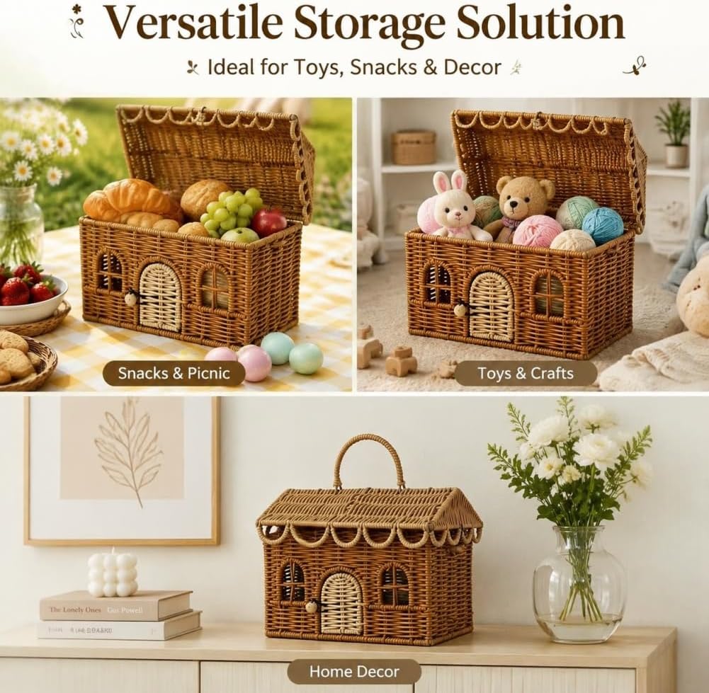 Wicker House Shaped Basket with Lid, Rattan Storage Basket for Picnic or Small Dollhouse, Decorative Woven Basket for Gift Wrapping, Basket Purse
