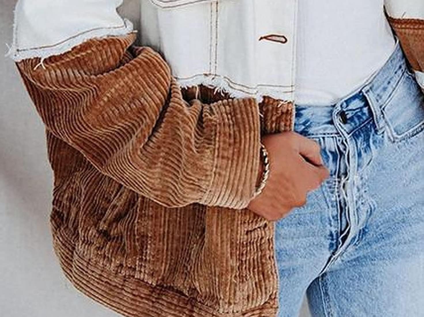 chouyatou Women's Contrast Camouflage Corduroy Loose Oversized Batwing Sleeve Ripped Casual Trucker Jacket