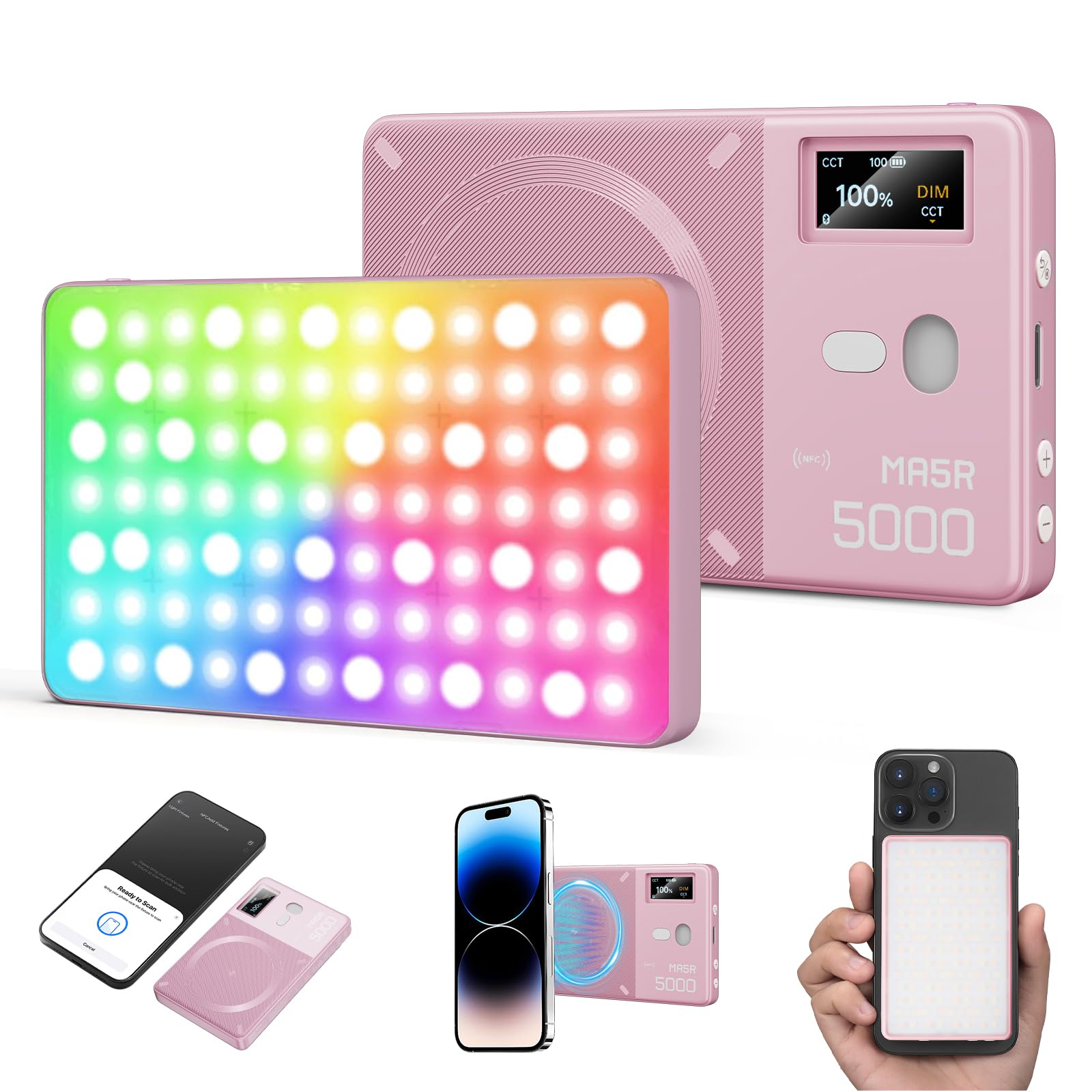 GODOX MA5R LED Fill Light with Soft Diffuser Magnetic Charging Phone Selfie Lighting Mini on Camera Lights 1800K-10000K 14 FX Modes for Selfies,