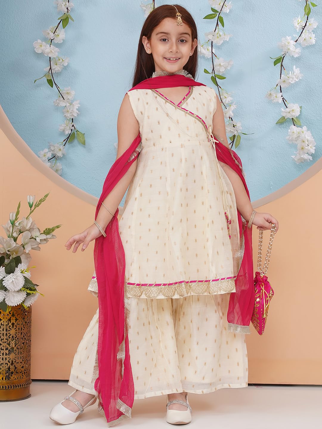 Preneum Girls's Cotton Rayon Gota Pati Floral Printed Angrakha Kurta with Sharara & Dupatta, Cream, 7-8 Years 4