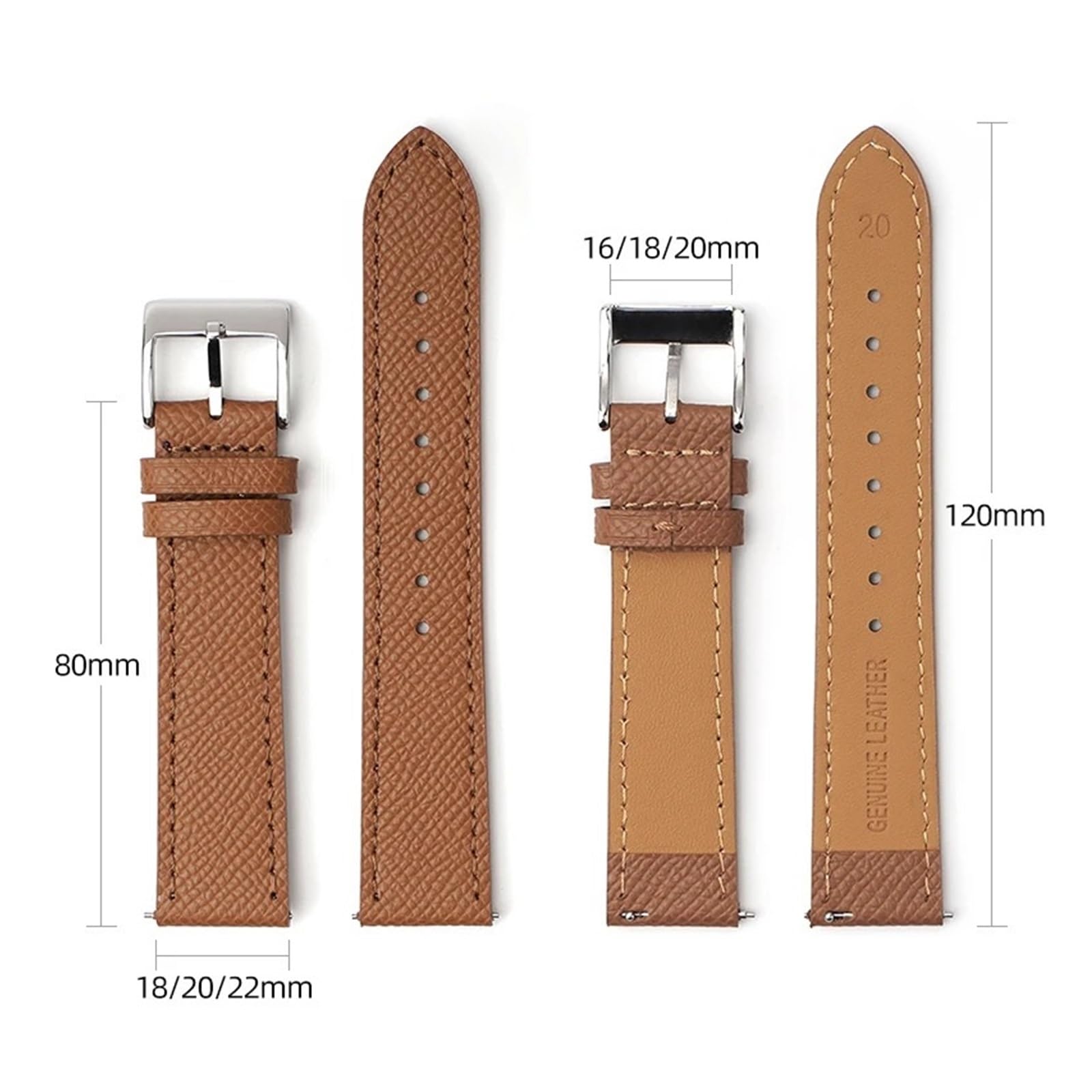 Uhrenarmband， Uhrenarmband aus Kalbsleder mit Schnellverschluss, handgefertigt, Palmenmuster, Armband(Brown wh line,18mm)