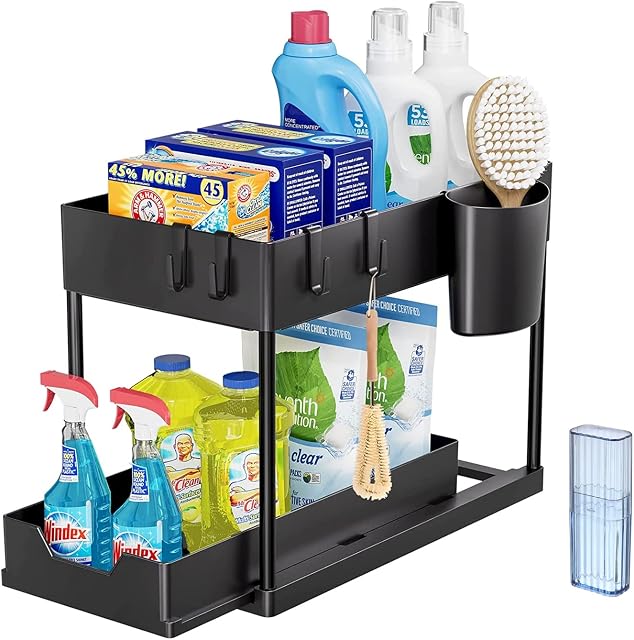 Under Sink Storage Kitchen Organiser, 2 Tier Under Sink Shelf with Slide Out Drawer, Multi-Purpose Slim Organizer for Kitchen Bathroom, Laundry Room -Black