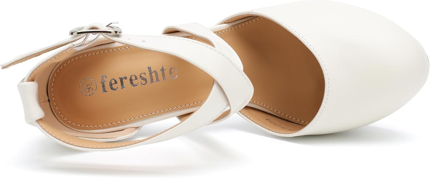 fereshte Women's Platform Pumps, Crisscross Ankle Strap, Chunky Block Heel, Closed Toe, 3.94 Inch High Heeled Dress Shoes - Image 6