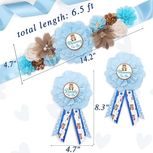 Miniatura 2 de Vansolinne Oso de peluche azul para maternidad, banda para mamá para ser y papá para ser ramillete, juego de alfileres para oso baby shower,