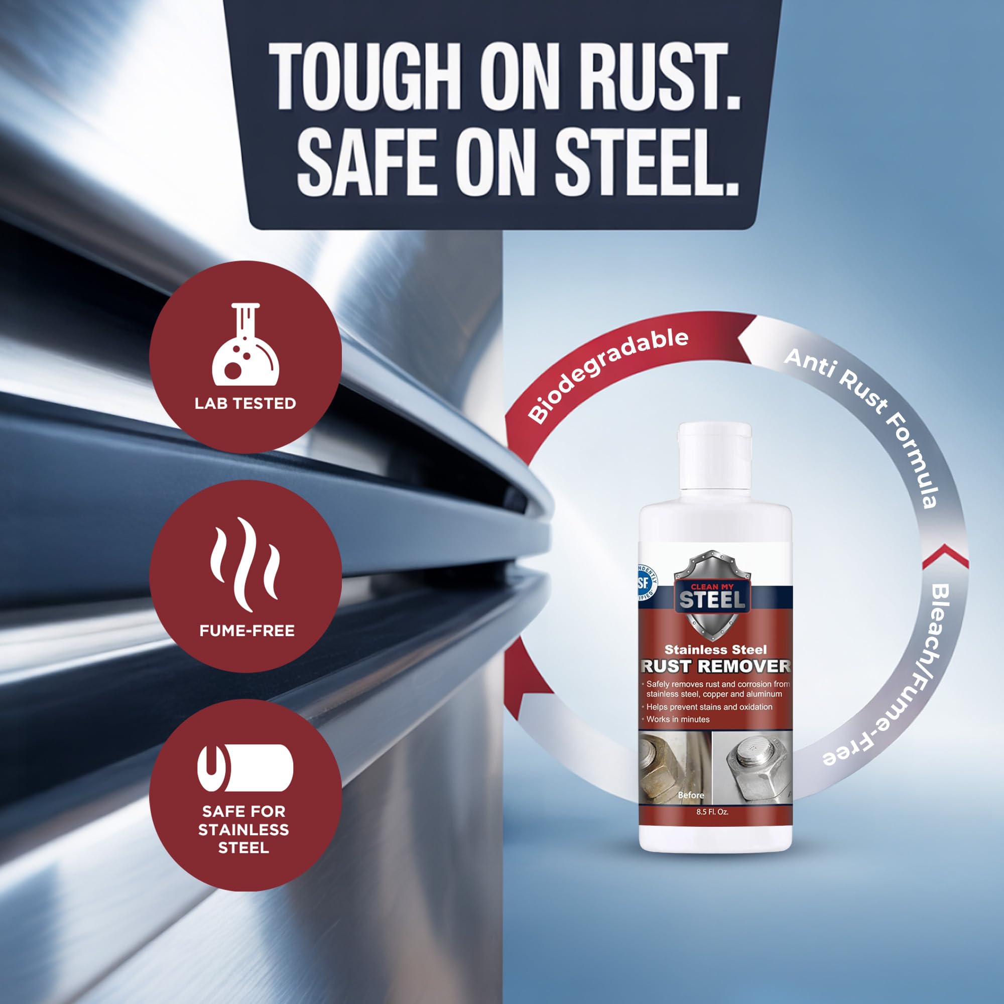 CLEAN MY STEEL Crema removedora de óxido de acero inoxidable de 8.5 onzas | Crema eliminadora de óxido certificada NSF. Seguro para electrodomésticos y fregaderos