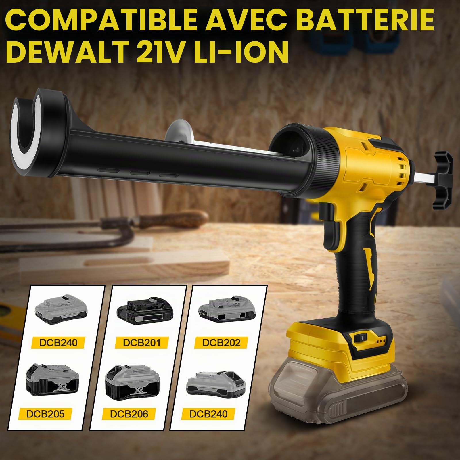 Pistolet à calfeutrer sans fil avec LED pour Dewalt 21V (sans batterie) | Pistolet à mastic électrique, 6 vitesses, affichage numérique, pour cartouche 10oz/300ml