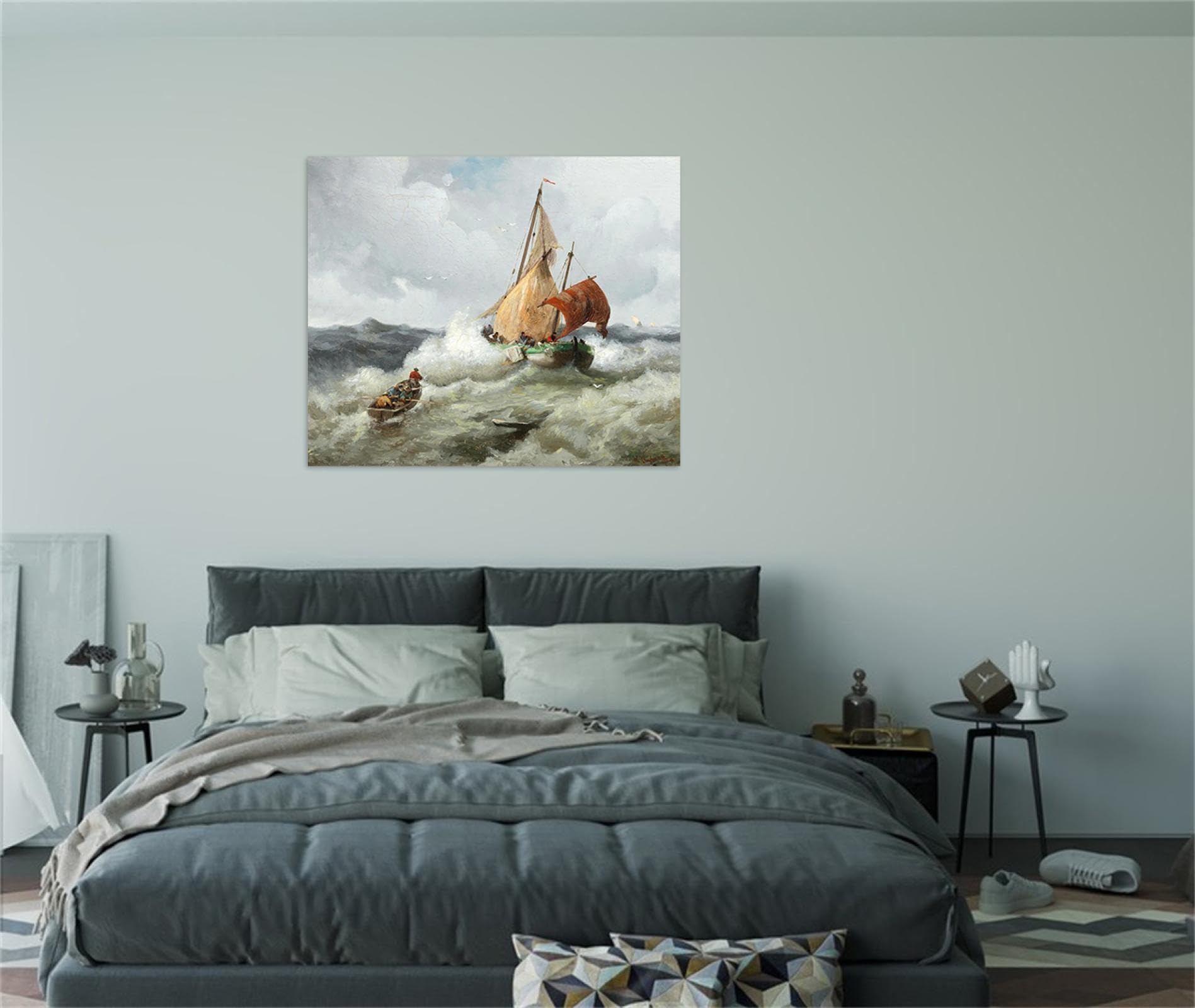 LXURY Adof Kafmann Tableau Murale sur Toile-Cadre en Bois Tableaux D'art Célèbre-Reproductions Impression sur Toile-Affiche Décoration Murale-Pêcheur in mer agitée 50x60cm20x24inch Encadrée
