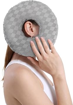Ear Piercing Pillow for Side Sleeper with Ear Hole for CNH Ear Pain Relief Pressure Sores, Soft Ear Donut Pillow Support Head Center Earring Pillow for Sensitive Ears Sleeping and Travel Grey