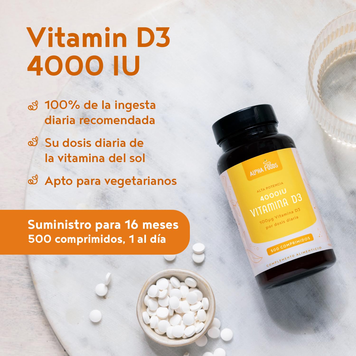 Vitamina D3 4000IU para 16 Meses, 500 Cápsulas. Vitamina D Alta Dosis, Sistema Inmunológico, Huesos y Salud General, Colecalciferol Vegetariano, Sin OGM, Alpha Foods
