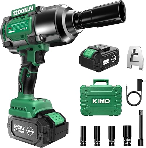 KIMO Cordless Impact Wrench 1/2 Inch, High Torque Impact Driver for Truck | 890Ft-Lbs/1200N.m, 4000RPM/2900IPM, 4.0Ah Battery&Fast Charger, 3Modes, Variable Speeds, Safety Lock, LED Light for Car Truck
